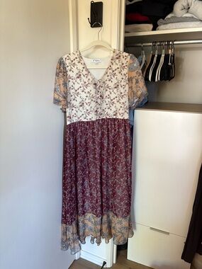 Polagram Floral Patchwork Midi Dress in Burgundy, Cream & Peach